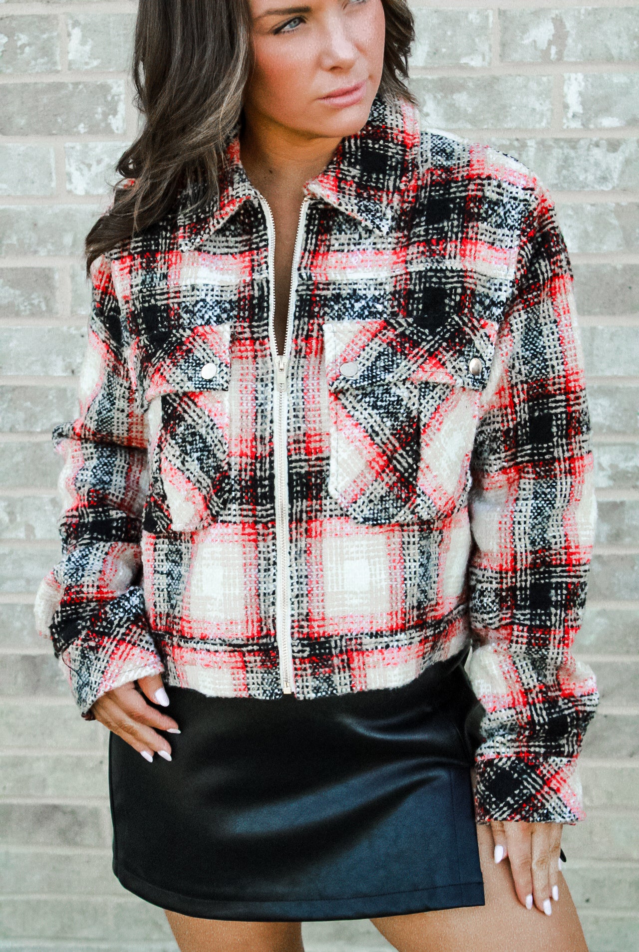 Textured Plaid Cropped Jacket